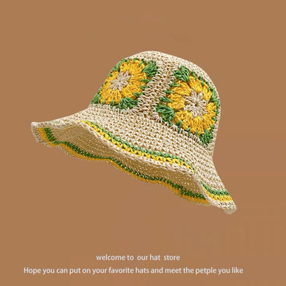 Sweet All-matching Woven Straw Hat Female Seaside Sun-proof Bucket Hat