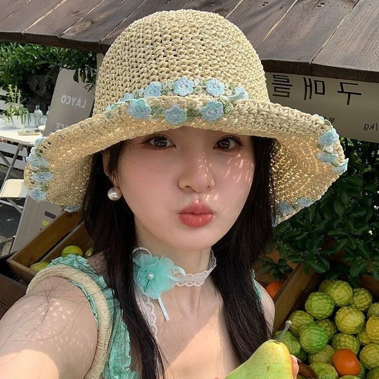 Sweet All-matching Woven Straw Hat Female Seaside Sun-proof Bucket Hat