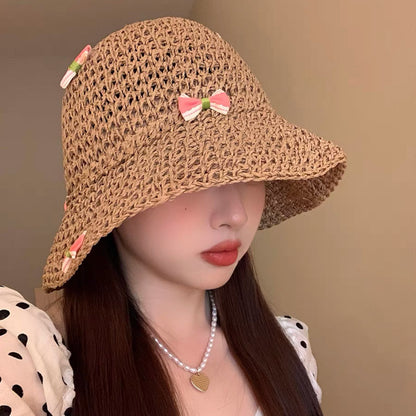 Sweet All-matching Woven Straw Hat Female Seaside Sun-proof Bucket Hat