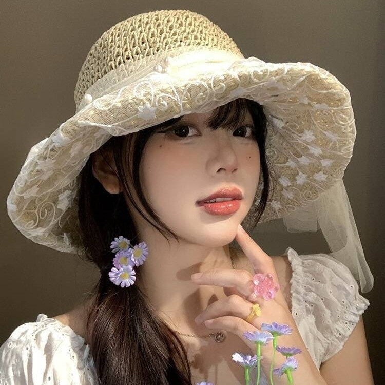 Sweet All-matching Woven Straw Hat Female Seaside Sun-proof Bucket Hat