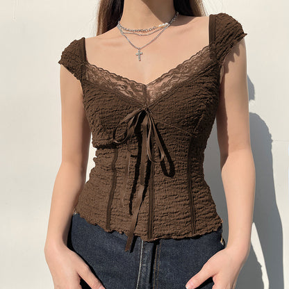 Brown Vintage Bow Fashion Top