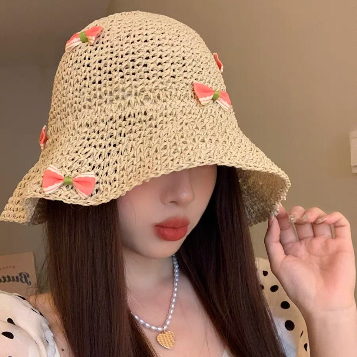 Sweet All-matching Woven Straw Hat Female Seaside Sun-proof Bucket Hat