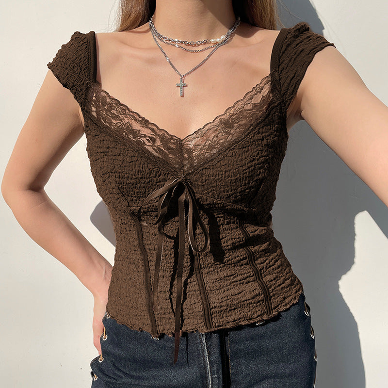 Brown Vintage Bow Fashion Top