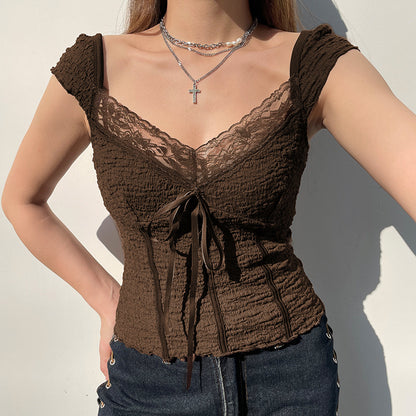 Brown Vintage Bow Fashion Top